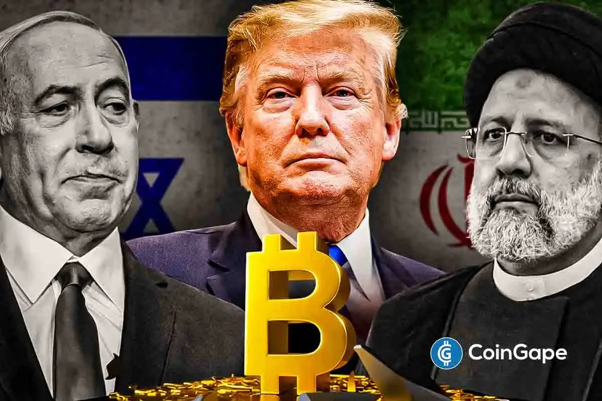 Trump, Netanyahu, Raisi with Bitcoin symbol in front, Israel and Iran flags in background.