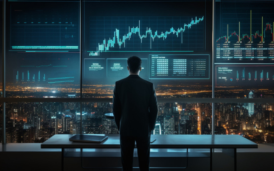 Businessman in dark office overlooking city, analyzing digital stock charts on large glass screens.