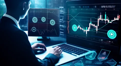 Man analyzing digital stock charts on laptop with futuristic holographic data and trading graphs.