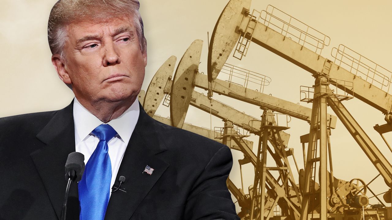 Donald Trump with oil pumps in the background, symbolizing market impact
