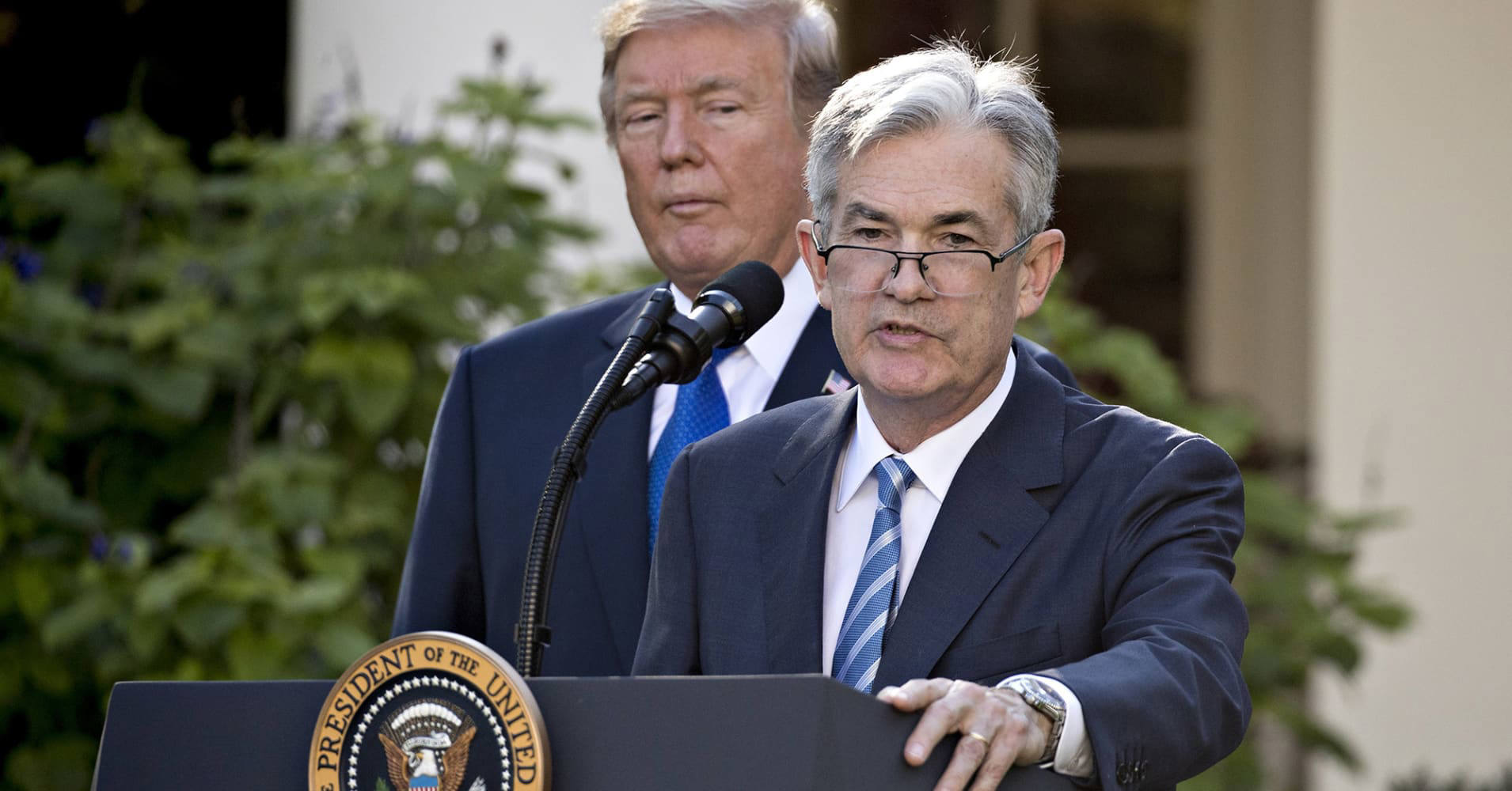 Trump and Powell during press briefing on U.S. economy and MJFXM Financial Insights